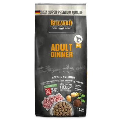 Belcando Dog Food Adult Dinner, made in Germany, super premium quality, holistic nutrition with 30% fresh meat, potatoes and superfoods. Net weight: 12.5 kg.