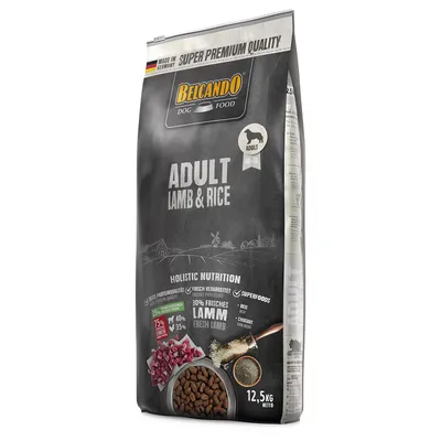 Sac Belcando Dog Food Adult Lamb & Rice 12,5 kg, texte visible : super premium quality, made in Germany, adult M–XL, 30 % frisches Lamm, holistic nutrition, images d’agneau, riz et croquettes.