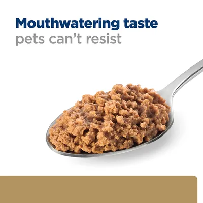 Spoonful of pet food with the text: Mouthwatering taste pets can't resist.