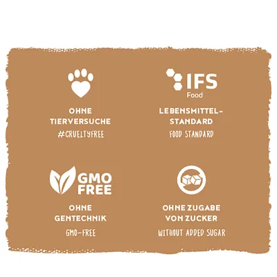 Ohne Tierversuche #crueltyfree, IFS Food Lebensmittel-Standard, ohne Gentechnik GMO-free, ohne Zugabe von Zucker without added sugar. Ohne Tierversuche #crueltyfree, IFS Food Lebensmittel-Standard, ohne Gentechnik GMO-free, ohne Zugabe von Zucker without added sugar.