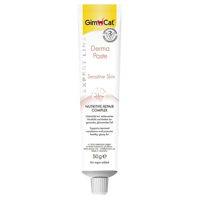 GimCat Derma Paste Sensitive Skin, Expert Line, 50 g tub. Text: Nutritive-Repair Complex, no sugar added, supports improved complexion and promotes healthy, glossy fur. Made in Germany.