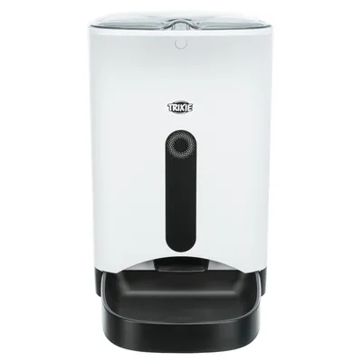 TRIXIE automatic pet feeder, white plastic body with black food tray and visible control panel on front