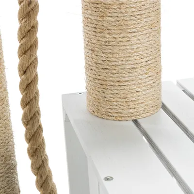 Scratching post element made of sisal rope and white wood, suitable for claw care.