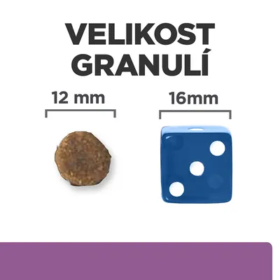 Porovnanie veľkosti granule 12 mm a kocky 16 mm, text: VELIKOST GRANULÍ. Text je v češtine.