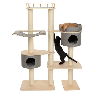 Kratzbaum mit mehreren Ebenen, Sisalstämmen, Hängematte und zwei Höhlen. Eine schwarze Katze klettert, eine orangefarbene Katze ruht auf der oberen Plattform.
