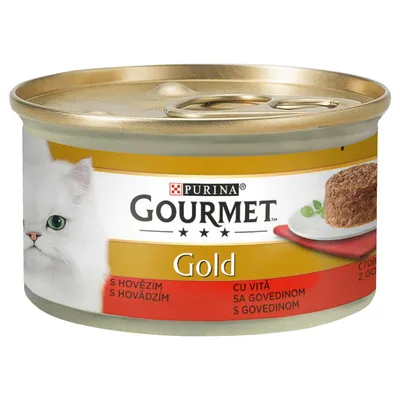 Purina Gourmet Gold tin with beef, image of a white cat and served meat on a plate.