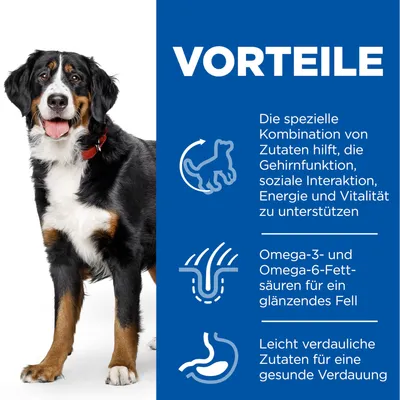 Vorteile: Unterstützung von Gehirnfunktion, sozialer Interaktion, Energie und Vitalität. Omega-3- und Omega-6-Fettsäuren für glänzendes Fell. Leicht verdauliche Zutaten für gesunde Verdauung.