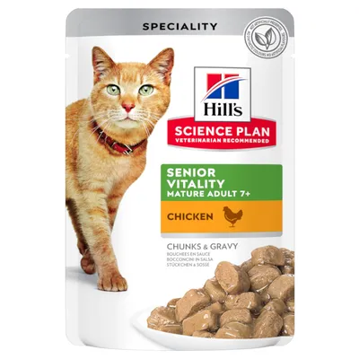 Hill's Science Plan Senior Vitality Mature Adult 7+ Chicken, chunks & gravy. Kattenvoer in saus, afbeelding van brokjes en kip icoon zichtbaar op verpakking.
