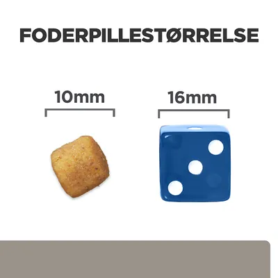 Foderpillestørrelse vist: foderpille 10 mm ved siden af blå terning 16 mm. Tekst: FODERPILLESTØRRELSE, 10 mm, 16 mm.