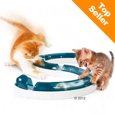 Two cats playing with an interactive track toy featuring a ball inside a curved plastic tunnel. Orange banner in corner reads 'Top Seller'.