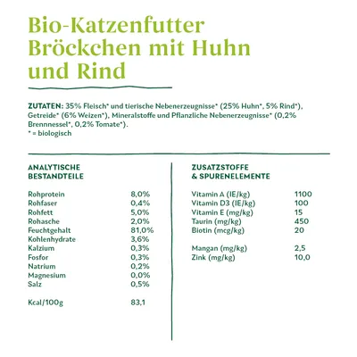 Bio-Katzenfutter Bröckchen mit Huhn und Rind. Zutaten: 35% Fleisch, Getreide, Mineralstoffe, pflanzliche Nebenerzeugnisse. Analytische Bestandteile und Zusatzstoffe detailliert aufgeführt.
