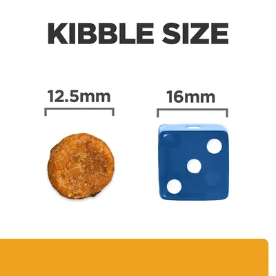 Kibble size comparison showing a 12.5mm round kibble next to a 16mm blue dice for scale.