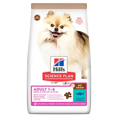Hill's Science Plan Adult 1-6 Small & Mini până la 10 kg, fără gluten, cu ton ca ingredient principal. Susține imunitatea câinilor adulți mici. Fără aditivi sau coloranți artificiali.