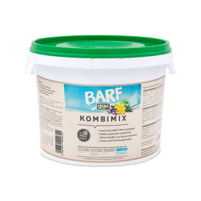 BARF grau Kombimix. Suppleringsfoder til BARF-menuer, indeholder naturlige mineraler og sporstoffer, dækker vedligeholdelsesbehov.