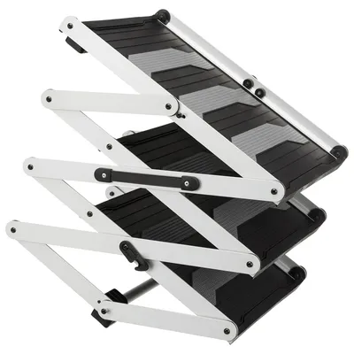 Klappbare Treppe mit schwarzem und silbernem Design, geeignet für den Zugang zu erhöhten Flächen. Robuste Konstruktion aus Metall und Kunststoff.