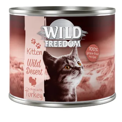 Консерва Wild Freedom Kitten Wild Desert, Chicken with Turkey. 100% grain-free recipe. Изображение на коте върху опаковката.