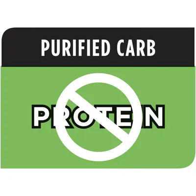 Testo in inglese: PURIFIED CARB, simbolo di divieto su PROTEIN