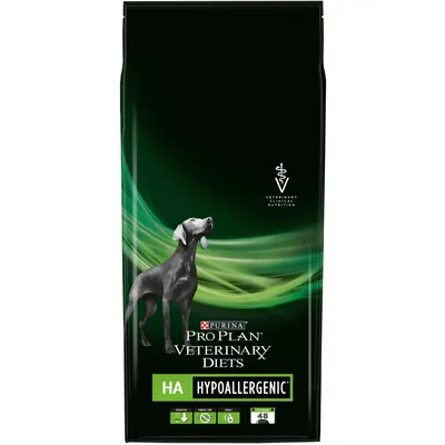 Confezione di Purina Pro Plan Veterinary Diets HA Hypoallergenic per cani, con immagine di cane e testo: Veterinary Clinical Nutrition, 48 porzioni visibili in basso.