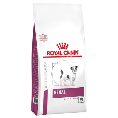 Royal Canin Veterinary Nutrition RENAL Small Dogs S. Billede af lille hund på posen. Synlig tekst: VETERINARY, RENAL, SMALL DOGS, S.