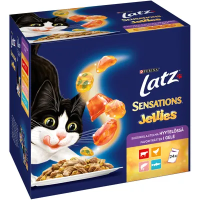 Latz Sensations Jellies kattemad, 24 portionsposer i gelé. Billede af sort-hvid kat og stykker af gelé. Tekst: suosikkilajitelma hyytelössä, favoriträtter i gelé.
