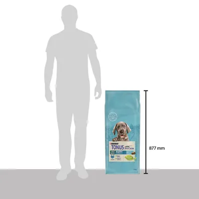 Confronto dimensioni tra una sagoma umana e un sacco di Purina Tonus Dog Chow Puppy Large Breed, altezza visibile 877 mm.