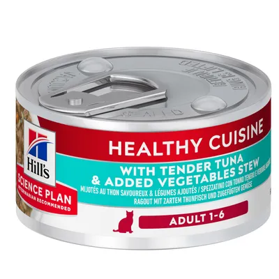 Hill's Science Plan Healthy Cuisine консерва за котки, Adult 1–6, с риба тон и зеленчуци. Видима е метална кутия с текст на английски.