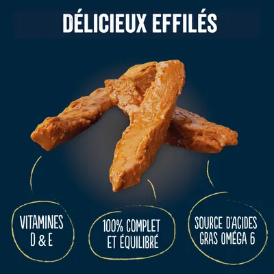 Délicieux effilés, vitamines D & E, 100 % complet et équilibré, source d’acides gras oméga 6 visibles sur l’image.