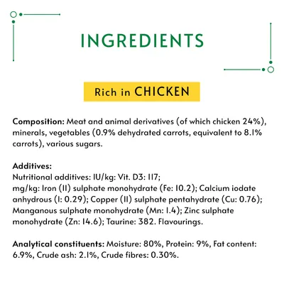 Ingredients: rich in chicken. Composition includes 24% chicken, minerals, vegetables, sugars. Additives: Vit. D3, iron, calcium, copper, manganese, zinc, taurine. Protein 9%, fat 6.9%.