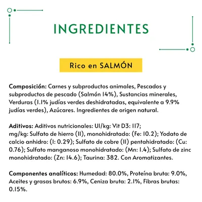 Ingredientes: carnes y subproductos animales, salmón 14 %, verduras, minerales. Componentes analíticos: humedad 80 %, proteína bruta 9 %, grasas 6.9 %, ceniza 2.1 %, fibra 0.15 %.
