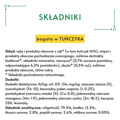 Składniki: ryby i produkty uboczne z ryb (tuńczyk 14%), mięso, warzywa, zboża, dodatki dietetyczne, aromaty. Składniki analityczne: wilgotność 79,5%, białko 12,5%, tłuszcz 2,8%.