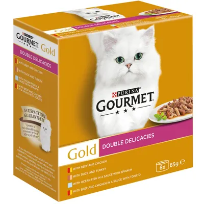 Purina Gourmet Gold Double Delicacies selection: beef and chicken, duck and turkey, ocean fish in sauce with spinach, beef and chicken in tomato sauce. 8 x 85g.