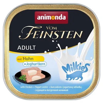 Animonda Vom Feinsten Adult med kyckling och yoghurtkärna, serveringsförslag. Milkies-logotyp synlig.