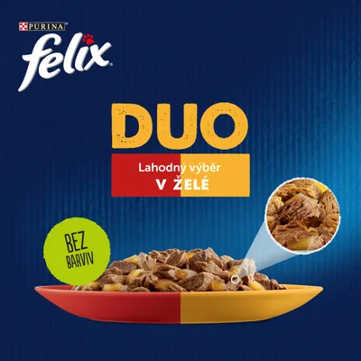 Purina Felix DUO Lahodný výběr v želé, bez barviv. Miska s kousky krmiva pro kočky detailně zobrazená.