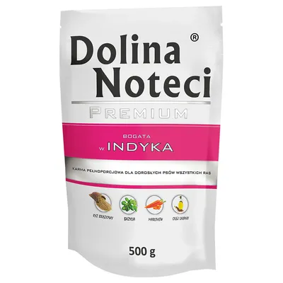 Dolina Noteci Premium, reich an Truthahn. Vollwertfutter für erwachsene Hunde aller Rassen. Zutaten: brauner Reis, Basilikum, Karotten, Leinöl. Packungsgrösse: 500 g.