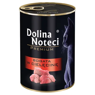 Dolina Noteci Premium Katzenfutter, reich an Kalbfleisch, Abbildung von Fleischstücken und einer Katze auf der Dose.