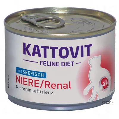 Konzerva Kattovit Feline Diet mit Seefisch NIERE/Renal Niereninsuffizienz, viditelný obrázek kočky s označením ledvin na obalu.