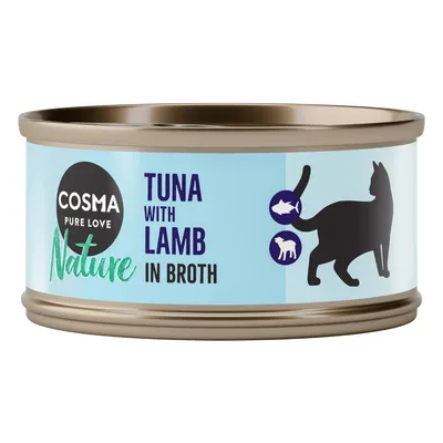 Boîte Cosma Pure Love Nature, texte visible : Tuna with Lamb in Broth, silhouette de chat, icônes poisson et agneau. Texte en anglais.