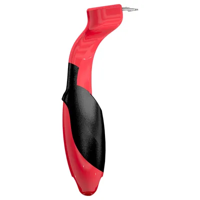Rotes und schwarzes Werkzeug mit gebogenem Griff und Metallspitze, geeignet für präzise Anwendungen.