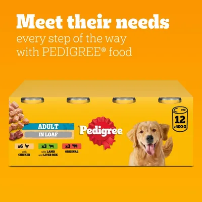 Pedigree adult in loaf food multipack, 12 x 400g cans: 6 with chicken, 3 with lamb and liver mix, 3 original. Text: Meet their needs every step of the way with Pedigree food.