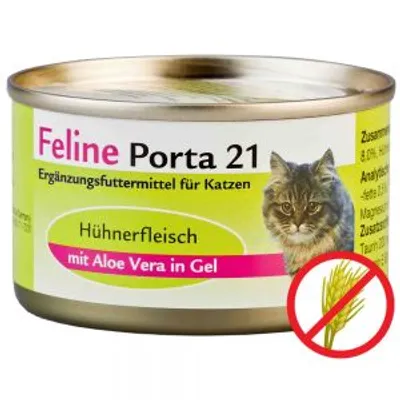 Feline Porta 21, alimento complementare per gatti. Testo visibile: Hühnerfleisch mit Aloe Vera in Gel. Simbolo spiga barrata. Etichetta in tedesco.