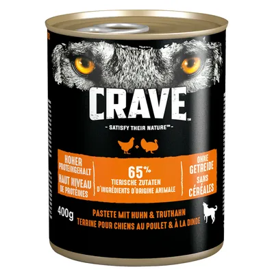 Crave pastetă cu pui și curcan, 400g. Conținut ridicat de proteine, 65% ingrediente de origine animală, fără cereale. Pentru câini.