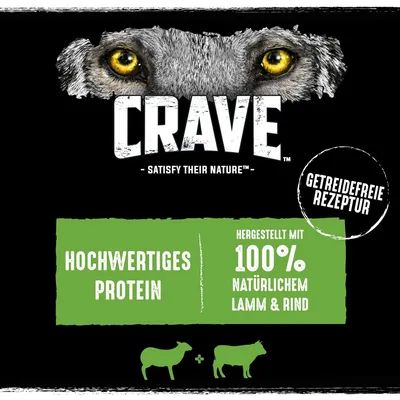 Crave. Hochwertiges Protein, hergestellt mit 100% natürlichem Lamm & Rind. Getreidefreie Rezeptur.