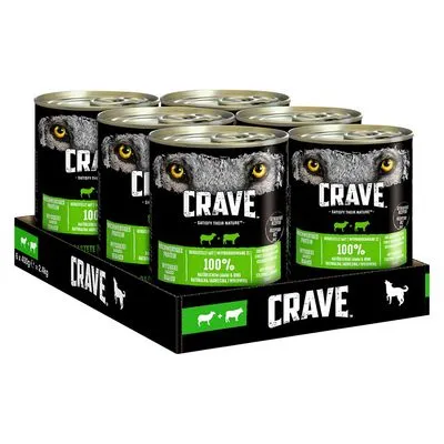 CRAVE natvoer, 6 blikken in tray. Op het etiket: afbeelding van dierenogen, tekst '100% natuurlijke ingrediënten', pictogrammen van rund en lam, merknaam CRAVE duidelijk zichtbaar.