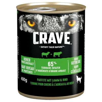 Crave pastetă cu miel și vită, conținut ridicat de proteine, 65% ingrediente de origine animală, fără cereale, conservă 400g.