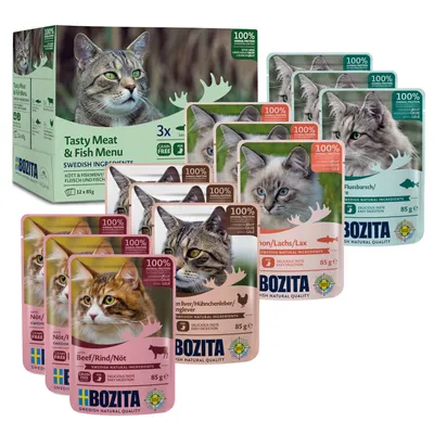 Bozita Tasty Meat & Fish Menu, 12x85g. Sorten: Rind, Hühnerleber, Lachs, Flussbarsch. 100% tierisches Protein, getreidefrei, schwedische Zutaten.