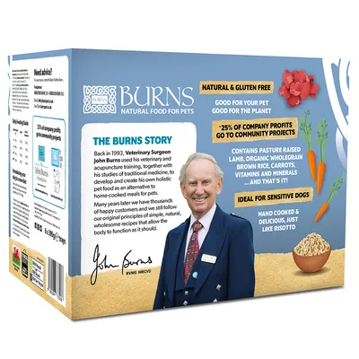Burns Natural Food for Pets box with text: natural & gluten free, 25% of company profits go to community projects, ideal for sensitive dogs, contains lamb, brown rice, carrots, vitamins, minerals.
