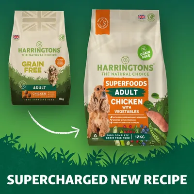 Comparison of old and new Harringtons grain free adult chicken food packaging, highlighting superfoods, vegetables, and a supercharged new recipe with key benefits listed on the new pack.