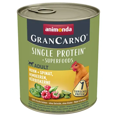 Animonda GranCarno Single Protein Adult, курица со шпинатом, малиной и тыквенными семечками. 100% свежие ингредиенты, без зерна, без глютена, Made in Germany.