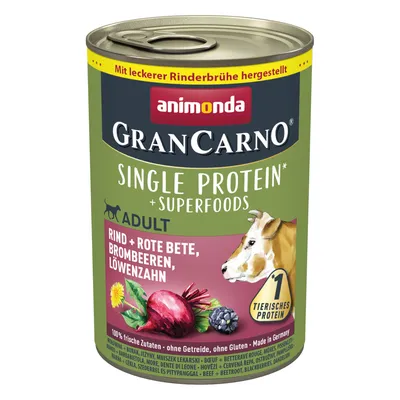Animonda GranCarno Single Protein Adult με βοδινό, κόκκινο παντζάρι, βατόμουρα, πικραλίδα. Παρασκευάζεται με ζωμό βοδινού. 100% φρέσκα συστατικά, χωρίς δημητριακά, χωρίς γλουτένη, Made in Germany.
