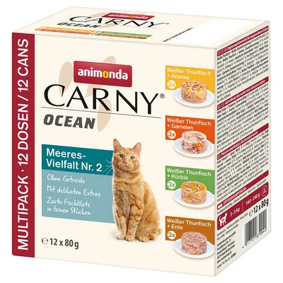 Confezione Animonda Carny Ocean Meeres-Vielfalt Nr. 2, multipack 12x80g, gusti: tonno bianco con ananas, gamberi, zucca, anatra. Senza cereali, filetti di pesce in pezzi fini.